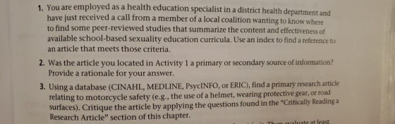 1. You are employed as a health education specialist in a district health department and have just received a call from a mem