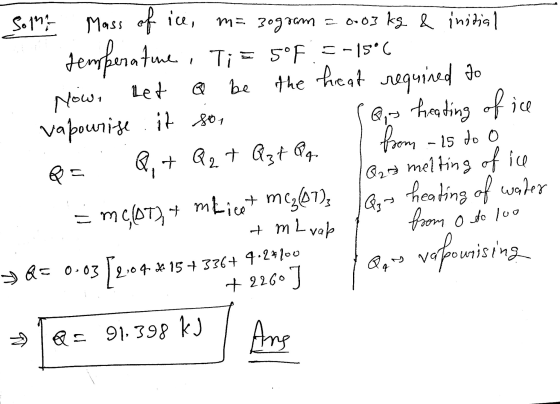 m= 3ogram be Nowe 50192 Mass of ice, = 0.03 kg & initial Jemperature, Ti = 5°F 5-15°C Let the heat required to vapourise iz 8
