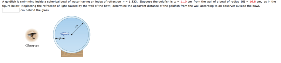 A goldfish is swimming inside a spherical bowl of water having an index of refraction n 1.333. Suppose the goldfish is p cm from the wa of a bowl of radius IR as in the 11.0 16.8 Cm figure below. Neglecting the refraction of light caused by the wall of the bowl, determine the apparent distance of the goldfish from the wall according to an observer outside the bowl. cm behind the glass Observer