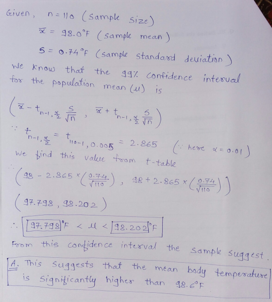 Given n = 110 (Sample size) ă = 98.0°F ( Sample mean ) 5= 0.74°F (sample standard deviation ) we know that the 99% confidence