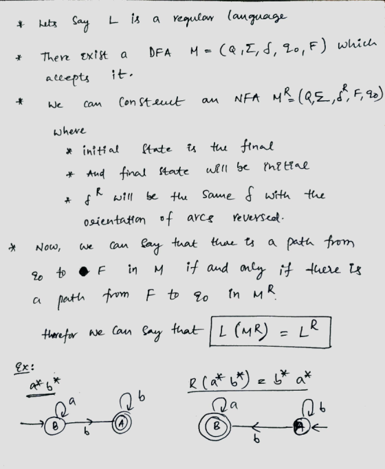 * hets say L is a regular language * There exist a DFA M=(Q,E,d, 90,F) which accepts it. we can construct au NFA MR (QE, dh,