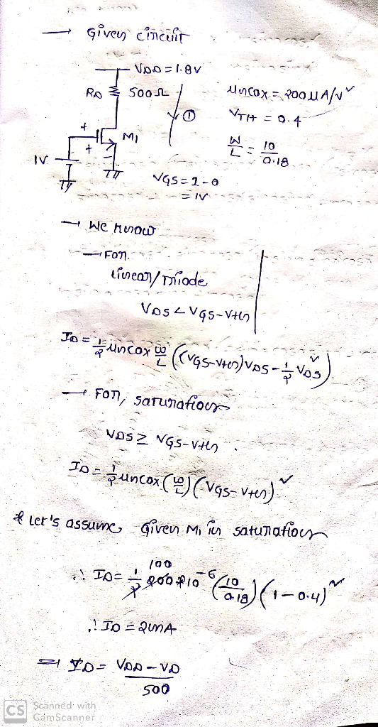 Jo = funcox (2) (Vas-vres) Givey circuit Voo=1.8V Ro Sool VO uncox = VTH+ 0.4 5. Poonal + 그 LS 0.18 VAS-1-0 TT - We henow Fon