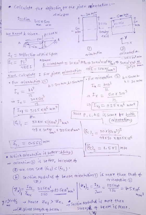 • Calculate the deflection for the at Midspan given osientation : - a 300 mm Section 300 x 500 a San mm ly=250 Ty=150 300 mm