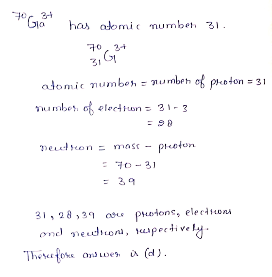 to Gio 3+ has atomic number 31. 70 3+ 3, G atomic number = number of preoton = 3) number of electron = 31-3 neutron = mass pr
