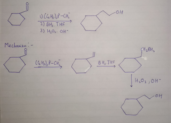 OH 1) (C6Hs J , P - CH₂ 2) BHE.THE 3) H2O2. OH Mechanism :- CH₂ BH₂ C6Hs), P-CH B H₃. THE H₂O2,OH- OH