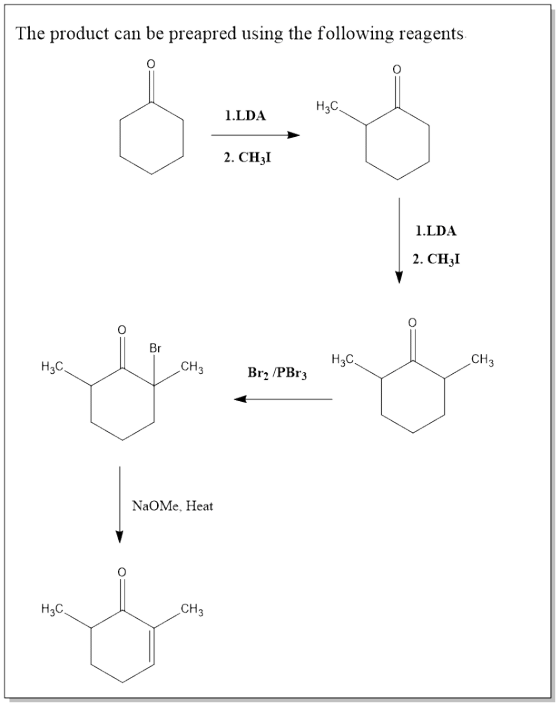 The product can be preapred using the following reagents. 1.LDA H3C 2. CHẠI 1.LDA 2. CH31 Br CH H3C CH₂ H₃C RED Br2 /PBr3 N