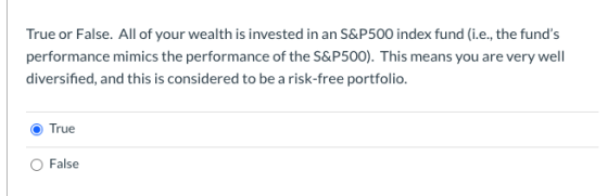 True or False. All of your wealth is invested in an S&P500 index fund (i.e., the funds performance mimics the performance of