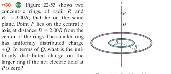 :30 Φ Figure 22-53 shows two concentric rings, of radii R and R3.00R, that lie on the same plane. Point P lies on the central z axis, at distance D-2.00R from the center of the rings. The smaller ring has uniformly distributed charge +Q. In terms of Q, what is the uni formly distributed charge on the larger ring if the net electric field at P is zero? R