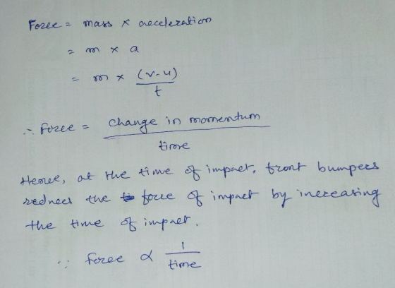 Foree ² mass & acceleration 2 от xa -m* coru) + Force - Change in momentum - hore Hence at the time of impact, front bumpers