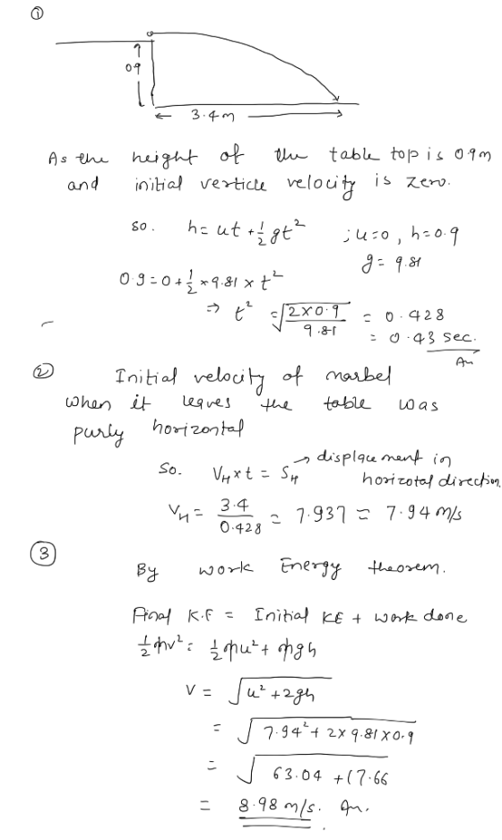 E 3.4m - As the and height of the table top is 0.9m initial verticle velocity is zero. so ha utt gt² ;u=0,6=0.9 = 9.81 0:9=0+