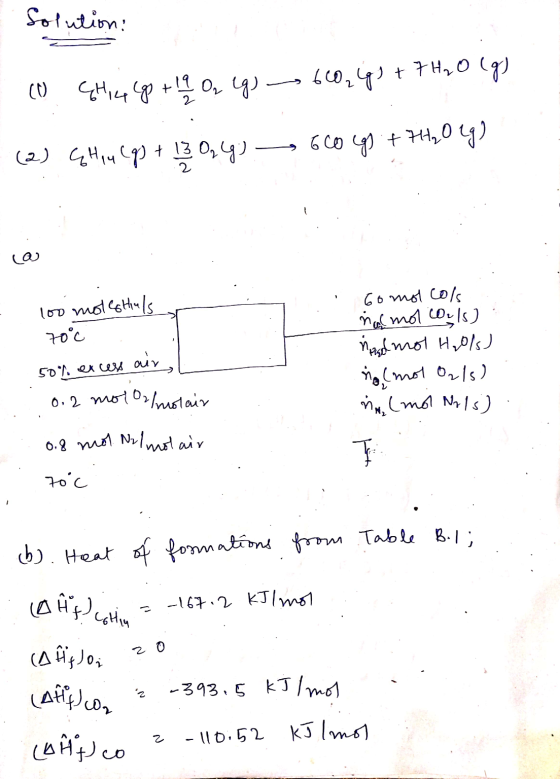 Solution: (1 6H14 g +19 O₂ (g) 19 0₂ (g) 60₂6 60, (q) + 7H₂O(g) (2) GH14 (q) + 13 02 (9) 6 Col + 7H₂O(g) ca 100 molestials 70
