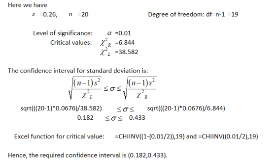 Here we have S =0.26, n =20 Degree of freedom: df=n-1 =19 Level of significance: a =0.01 Critical values: XR =6.844 X 1 =38.5