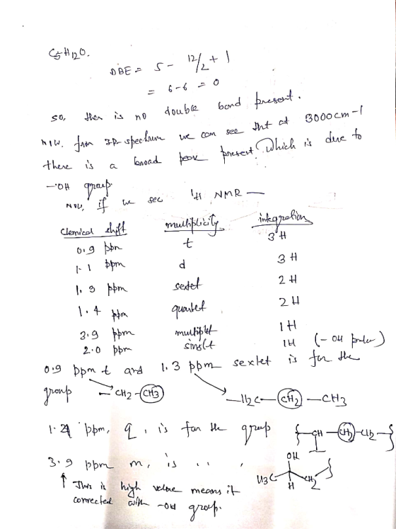 C5H120 DBER S- 12/2+1 so double bond present. we can see that at 3000cm-1 peak present which is due to Mw. there is no From I