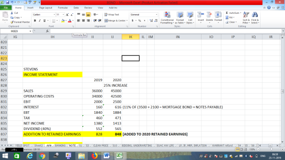 BOND - Microsoft Excel (Product Activation Failed) Add-Ins View - 2x Σ AutoSum : A Dr General Wrap Text Merge & Center - Fill