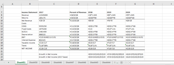 A D P G H 6 7 Percent of Revenue 2018 Income Statement 2017 2019 2020 -F8* 1.045 - SD$ 9 * G8 8 C8/$C$8 C8*1.045 E8*1.045 Rev