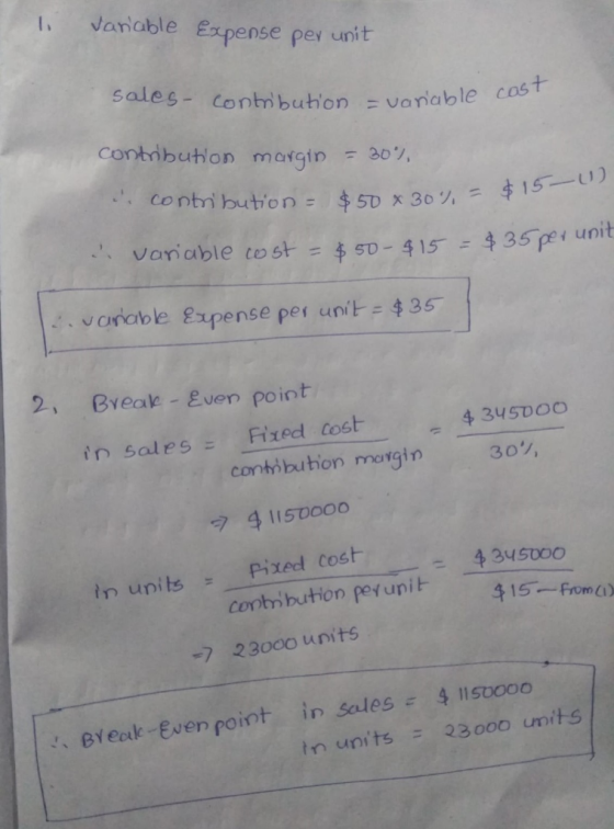 1 vanable Expense per unit sales - contribution - vanable co contribution margin = 30% contri bution = $50 X 30% = $15- a var