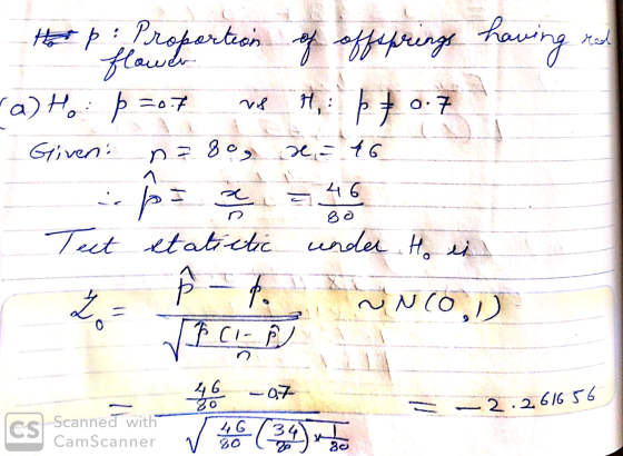 : proportion of offspringe having اور ہر vol na 80 x = 16 1 Ha þ flower ca) Ho: Ø 30.7 H: Given. ps Test statistic under to e