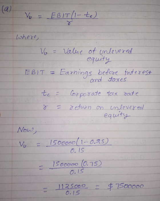 Vo - EBIT (1-to) where, Vo = value of inlevered equity EBIT = Earnings before interest and taxes te – Corporate tax date r =