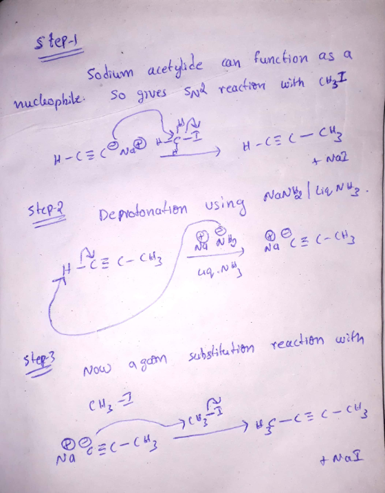 Step- Sodium so acetylice can function as a gives sol reaction with CHz I nucleophile H-C= (- CH₂ it wal step? Deprotonation