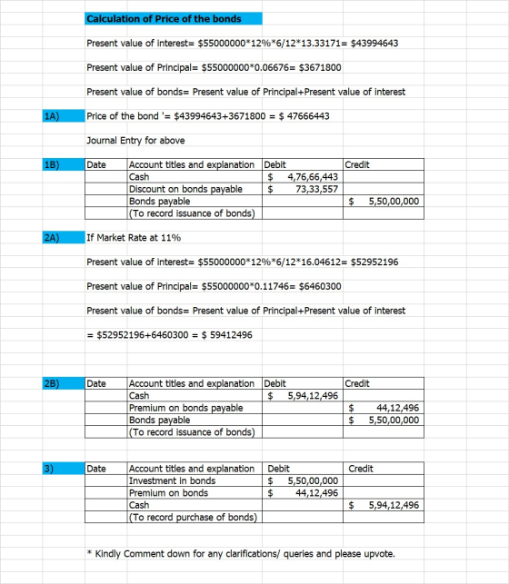 Calculation of Price of the bonds Present value of interest= $55000000*12%*6/12*13.33171= $43994643 Present value of Principa