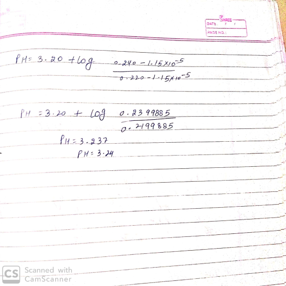 SHREE PAGE NO.: PH= 3.20 tlog - 0.240 -1.15810² o-220-+-+54+02 PH = 3.20 t log 0.2399885 0.2199885 14 = 3.237 PH = 3.24 __ Sc