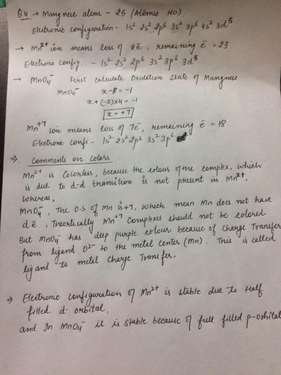 m +7 Qu. Mang neie atom - 25 (Alòmic No). Eletronio configuration - 15 852 26 352 3p45° 3d5 motion means loss of aê, remainin