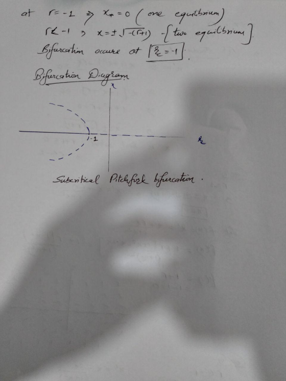 at r=-1 > Xx=0 (one equilibrium) rel & x=1 / (+1) { two equilbrium? Bifurcatin scure at (21); Bifurcation Deglame Subcritical