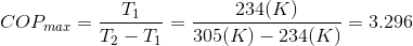 COP_{max} = \frac{T_1}{T_2-T_1} = \frac{234(K)}{305(K)-234(K)} = 3.296