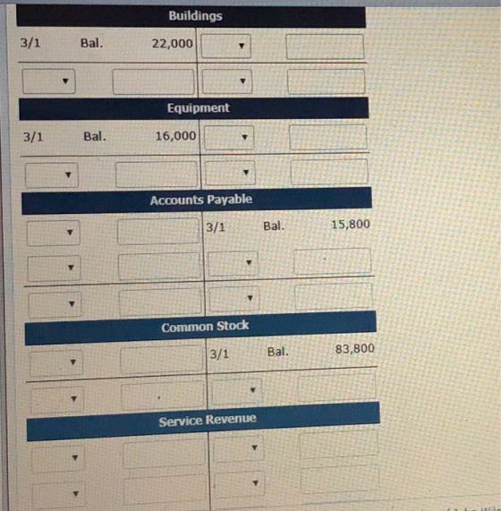 Buildings 3/1 Bal. 22,000 Equipment Bal. 16,000 Accounts Payable 3/1Bal. 15,800 Common Stock Bal 83,800 Service Revenue
