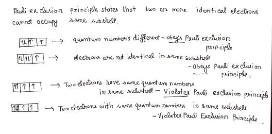 Pauli exclusion principle states that two or more identical electrons cannot occupy same subshell. ALT T quantum numbers diff