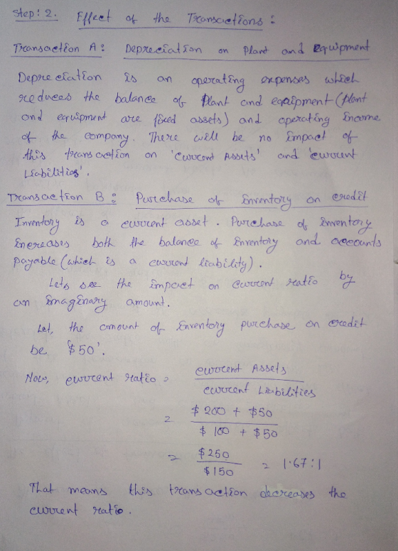 step: 2. Effect of the Transactions : Depreciation on Plant Transaction A² and equipment Depreciation is an operating expense