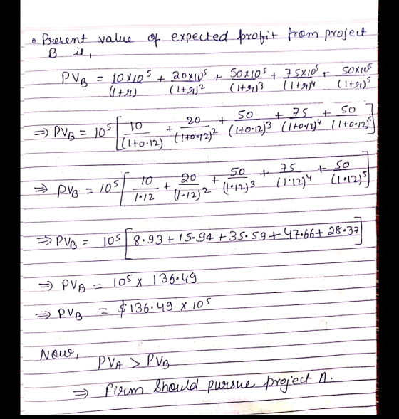 o present value of expected frofit from project B is, _DVB = 10x10.5 + 20x195 + 50x105 + Z5X10S SOMOS 1+r) (1+92 (1H13 (1+04