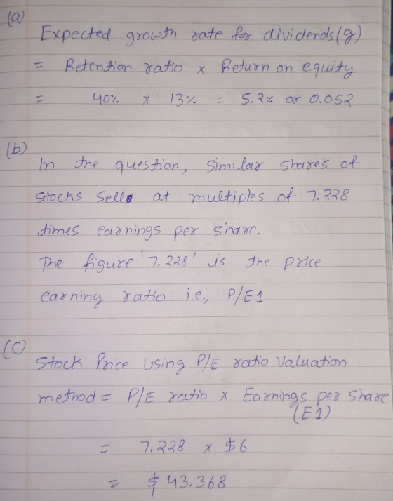 (a Expected grouwth rate Rr dividends() Retention ratio x Return on eguity -1 S.R or 0.O5R 40% 13% 1 (पो Ine queshion, Simila