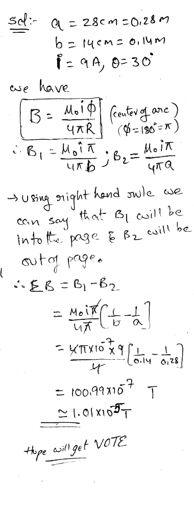 Sel:- a= 28cm = 0;28m b=14cm=0,ium 1 - 9A, 0-30 we have [B= Moid fenter of are) YaR (=180°=*) B, = Moiño B₂ = Moin unb чла us