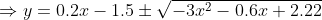 \Rightarrow y = 0.2x-1.5 \pm \sqrt{-3x^2 - 0.6x + 2.22}