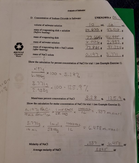 Analysis of Satwater UNKNOWN # D. Concentration of Sodium Chloride in Saltwater mL La mL. volume of saltwater solution 83.670