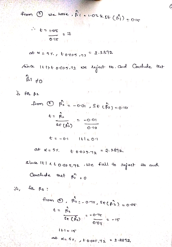 from we have ßia 105&SE (B7) 2015 int=105 27 0:15 ! al x = 54., t0.099,99 = 2.2892 since itist 0.005.12 we reject to. and Con