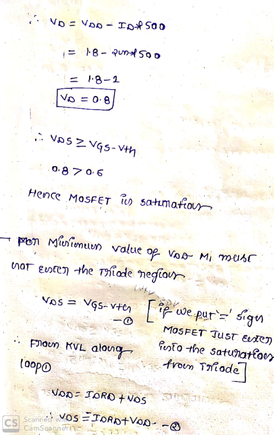 VD - VDO ID 500 = 1.8 - Quni 500 = 1.8-2. Vo = 0.8 . NDSZ VGS-8th 08 706 Hence MOSFET iis satimation por Mieniomeen value of