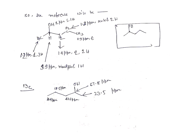 so, the molecule will be - OH 2bbus Sult H2L 1.3 ppm, sextel, 2 H -CH3 IBC ri 12 og ppm, E tip bbr, d,34 | 1413br, 9, 214 39