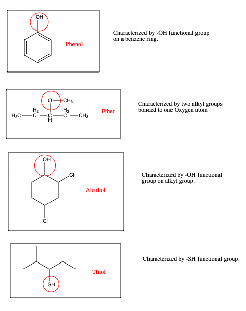 Characterized by -OH functional group on a benzene ring. Phenol OCH Characterized by two alkyl groups bonded to one Oxygen at