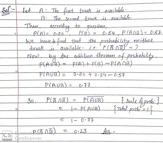 5 A: The first truck is available B: The second truck is available. Then, according to questions, PLA)= 0.80 P(B) 0.54, P (AB