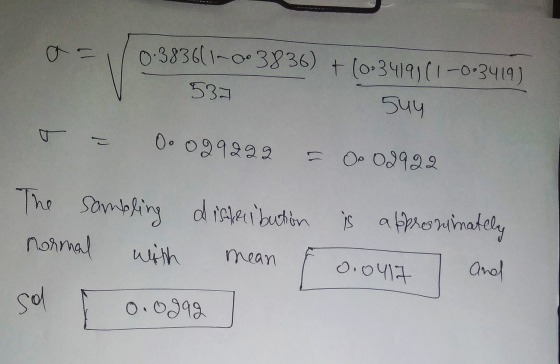 0.383611-003836) + (0.3419)(1-0.3419) 532 Suy s - Oo 029222 = Op 02922 The sambling dishecibution alisheribution is approssim