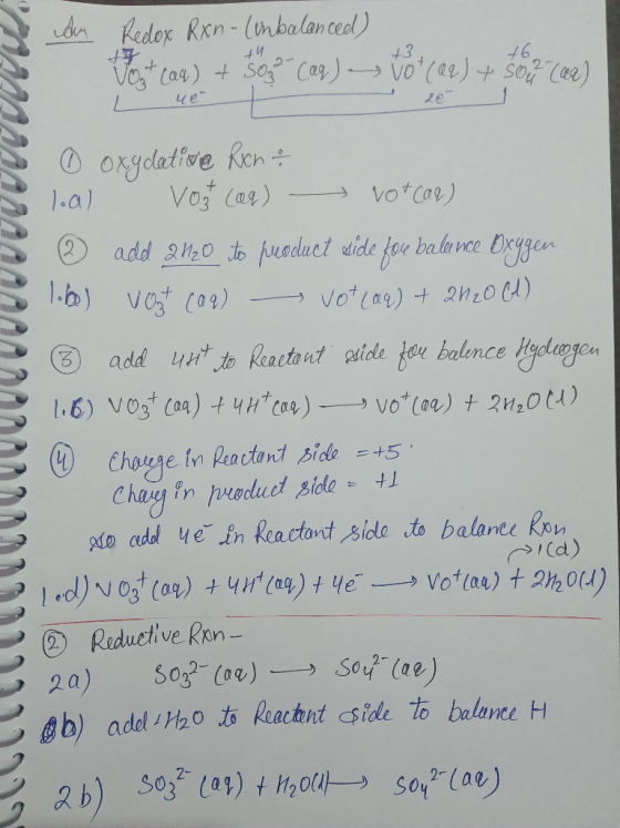dn Redox Rxn- (unbalanced) 46 +3 nt Vcs Car) So Cay)Vo(ee) so Ce) 4e orycletive Ren Vo3 (ar) vO Cay) 1.a) add ah0 to ueduct a