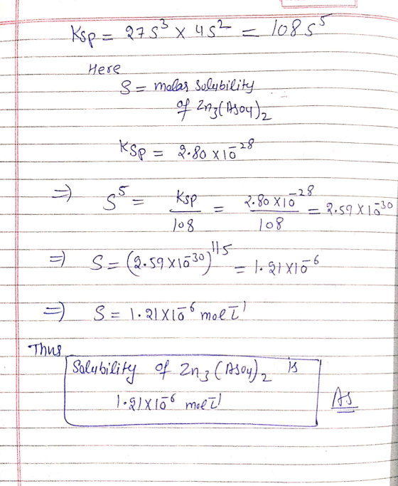 - ديو 135x - مk کی 2 Here 3= molas solubility - of 273( Ajoutz Ksp = 2.80 x 1028 - s = Ksp = 2.80 X 10² = 2.59X1730 108 _108