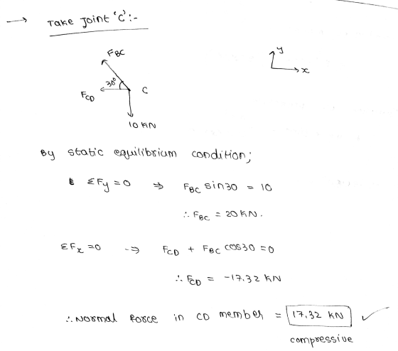 --- Take Joint C:- 22 x 300 с Fco 10 KN By static equilibrium condition Efy → FBC sinzo 10 .. FBC = 20 KN. EFx=0 FCD + FBC CO