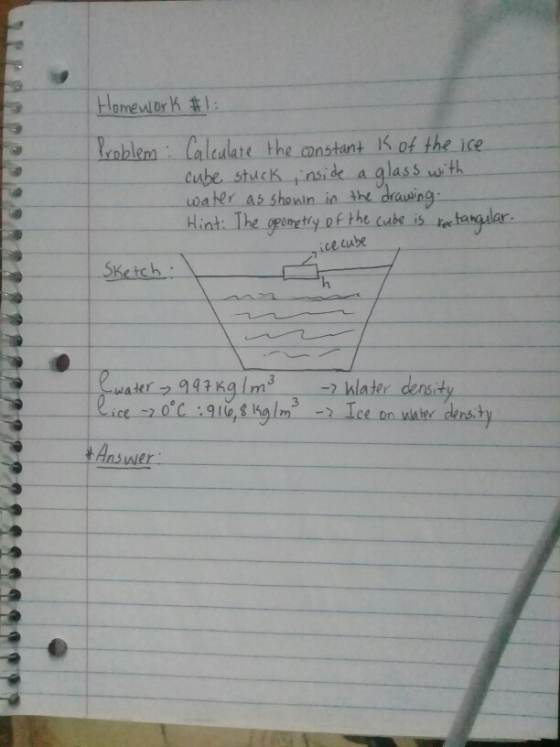 Homework #1 able Calealate the anstent IS of the ice Lable Caleulare the canstant cube stuck nsid aglass with s showin in the drawi Hint The geunety f the us i tangalar ice lube wakr 943kg m later density Ice on ater Ans we