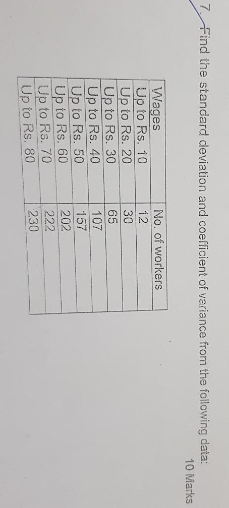 7. Find the standard deviation and coefficient of variance from the following data: 10 Marks Wages Up to Rs. 10 Up to Rs. 20