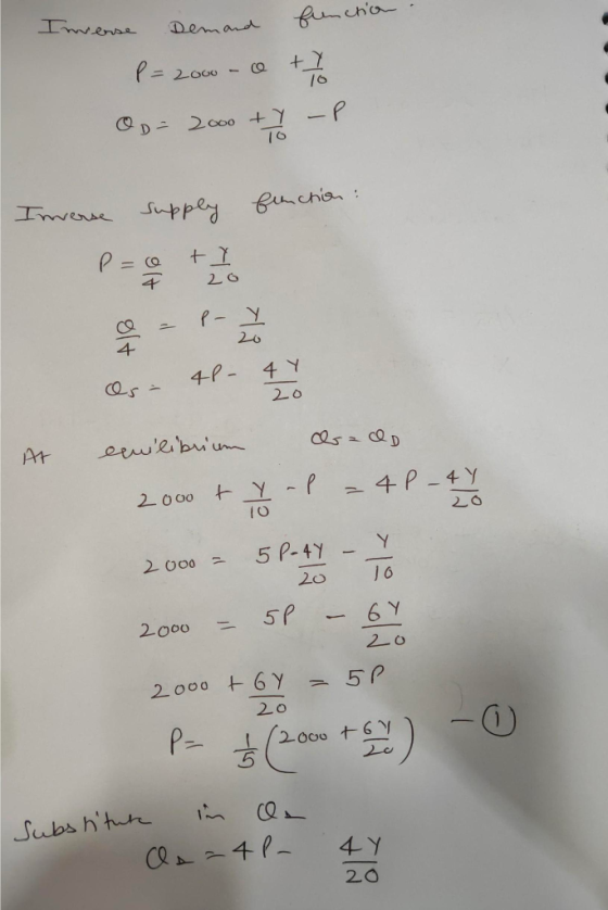 Inverse Demand function P= 2000 - 0 + 7/10 01 - 2000 + -P Inverse supply function : 20 10 2 os - 41 - 41 At enilibrium erado