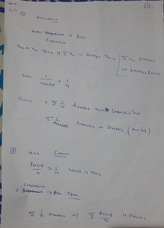 In currect Here Azyument is Conclusion false. una un Then If {un is diverges Then Eur (unverges or giverses russiske nln(n) S