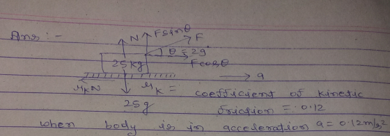 Ans :- ANT F Sino 0529 Froso 25kg MEN I ik = 25 g when body so coefficient of Kinetic friction 5 012 an acceleration a= 0.12m